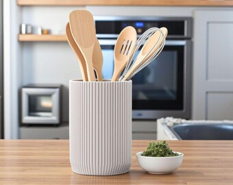 Modern Ribbed Utensil Holder | Minimalist Kitchen Crock for Countertop | Boho Farmhouse Cooking Tool Organizer | Spoon & Spatula Storage
