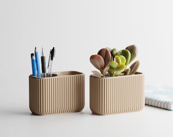 3D Printed Desk Organizer & Planter Set | Modern Ribbed Pen Holder