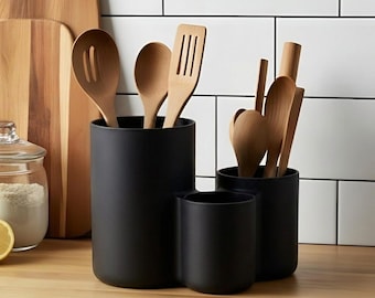Minimalist Utensil Holder | Japandi Kitchen Organizer | 3-Compartment Cutlery Caddy | Modern Countertop Storage