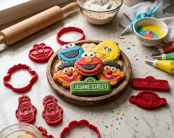 12-Piece Sesame Street Cookie Cutter & Stamp Set. Elmo, Cookie Monster, Big Bird, Bert, Ernie, Street Sign, 3.5" 3D Printed Fondant Embosser