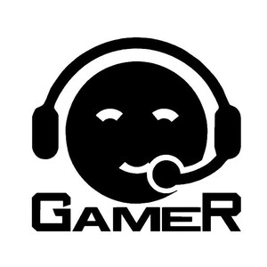 May include: Black and white illustration of a smiling cartoon character wearing headphones with a microphone. The text "GAMER" is below the character.
