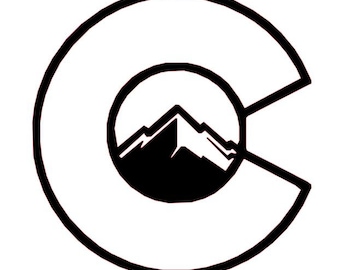 May include: Black and white illustration of a mountain range inside a stylized letter C.