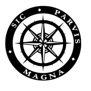 May include: Black and white compass design with the text "Sic Parvis Magna" around the edge.