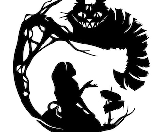Decalcomania con la silhouette del gatto del Cheshire di Alice nel paese delle meraviglie, decorazione per il Mad Tea Party