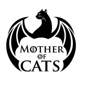 May include: Black and white graphic featuring a cat with bat-like wings, set within a circular design. The text "MOTHER OF CATS" is prominently displayed below the cat, creating a unique and eye-catching design.