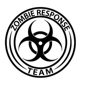 Könnte beinhalten: Schwarzweißes Grafikdesign eines Biohazard-Symbols mit dem Text "Zombie Response Team" in einem Kreis darum.