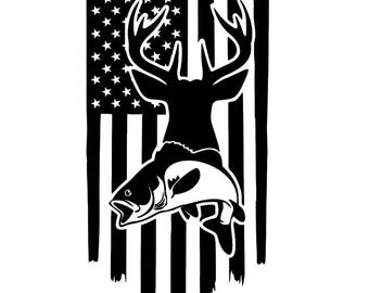 May include: Black and white silhouette of a deer with antlers, holding a fish in its mouth, superimposed on an American flag.
