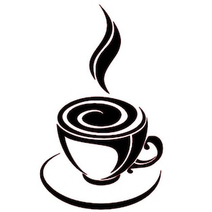 Op de afbeelding: Zwarte en witte silhouet van een koffiekopje met stoom die eruit opstijgt. Het kopje heeft een swirl-ontwerp aan de binnenkant en een handvat.