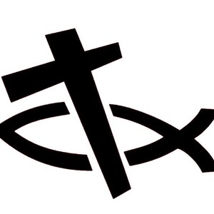 May include: A black and white image of a Christian cross superimposed over a fish symbol. The cross is positioned diagonally, with the fish symbol underneath it.