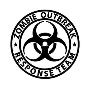 Könnte beinhalten: Schwarzer und weißer runder Aufkleber mit einem Biohazard-Symbol und dem Text "Zombie Outbreak Response Team".