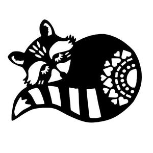 May include: Black and white illustration of a sleeping raccoon with a striped tail and a patterned back. The raccoon is curled up in a ball with its head resting on its paws.