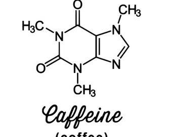 Op de afbeelding: Een zwart-witte lijntekening van de chemische structuur van cafeïne, met het woord "Cafeïne" in cursief onder de structuur en het woord "(koffie)" tussen haakjes onder het woord "Cafeïne".