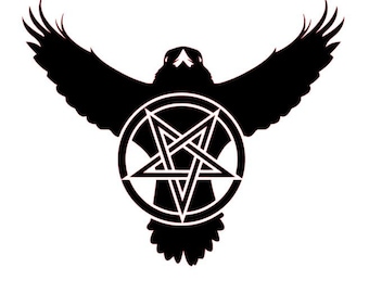 Calcomanía de cuervo con pentáculo invertido, símbolo de brujería pagana