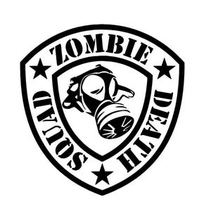Könnte beinhalten: Schwarzweißes Grafikdesign einer Gasmaske mit dem Text "Zombie Squad" und "Half Dead" um die Maske herum.