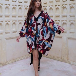 Reversible Linen Cotton Abstract Floral Blue Kimono for Women
