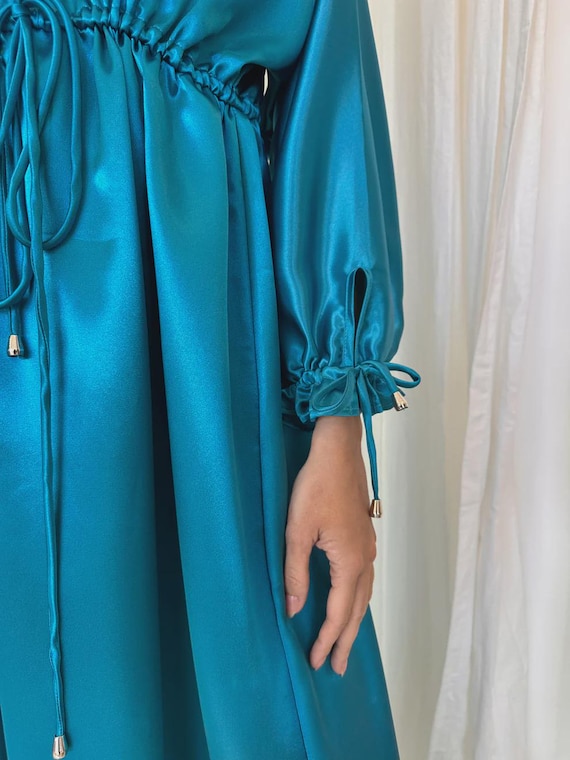 teal satin dress with sleeves Deep Teal Satin Blouson Maxi Dress  PinkBlush