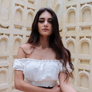 White Off Shoulder Top | Summer Boho Linen Cotton Blouse | Casual White Crop Top | Comfortable Cropped Summer Casual Women Top | Summer Top