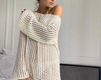 Abito copricostume estivo all'uncinetto fatto a mano, bianco, per donna