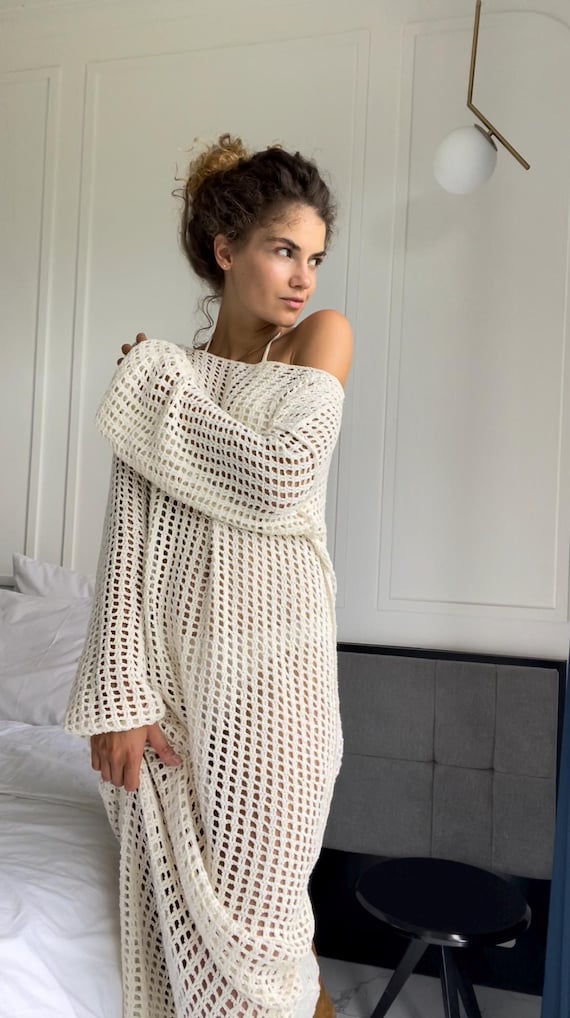 Handmade Summer Cover Up Crochet Dress in White for Women