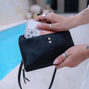 Leder Cross Body Wallet Bag in Schwarz | Schultertasche aus echtem Leder | Luxus Reisebrieftasche | Strapazierfähige Schultertasche | Handyhalter Tasche
