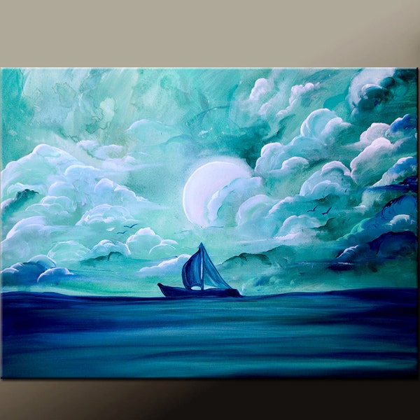 Abstract Canvas Art Painting 30x24" Original Contemporary Cloud Seascape Sail Boat Art by Destiny Womack - dWo - Sailing Away