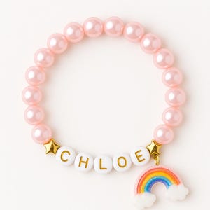 Pink Rainbow Charm Personalized Beaded Bracelet |  Colourful Girls Womens Bracelet | Stretch Bracelet Jewellery Gifts for Kids Teen or Adult