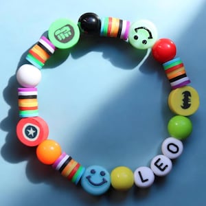 Boys Bead Bracelet with Name | Kids Personalised Superhero Charm Initial Jewelry | Custom Friendship Gift
