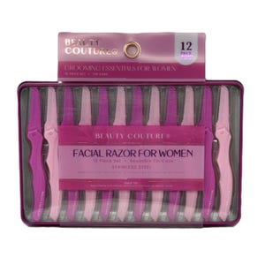 May include: A set of 12 facial razors in a reusable tin case. The razors are pink and purple, with the text "BEAUTY COUTURE" and "FACIAL RAZOR FOR WOMEN" on the packaging. The set is designed for grooming.