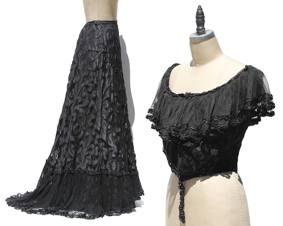 Vintage Black French Lace Corset Top & Skirt