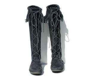 Vintage Black Suede Leather Tall Moccasin Boots / size 9