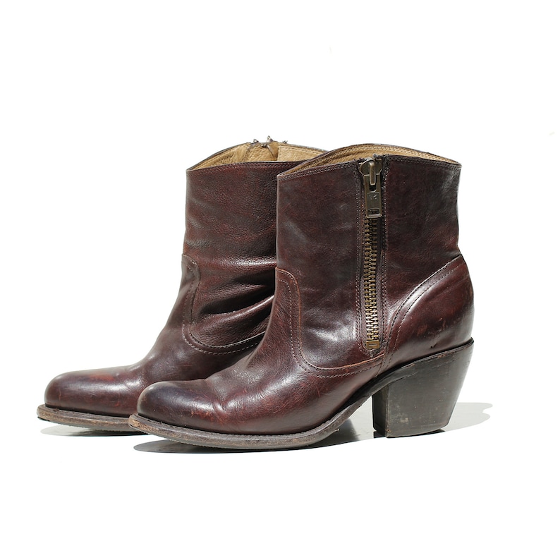 8 B Vintage Mahogany Brown Leather Side Zip Ankle Boots Size
