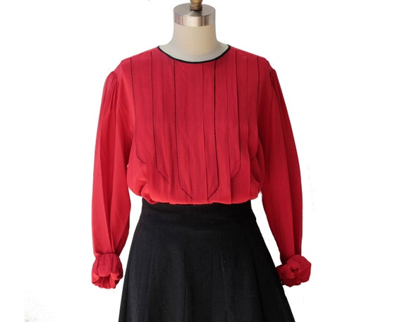 Vintage Red Pure Silk Pleated Blouses