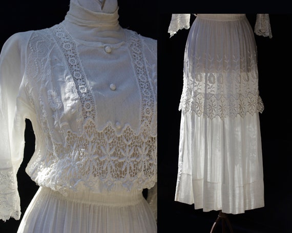 Edwardian White Cotton Dress / Embroidered Lace An