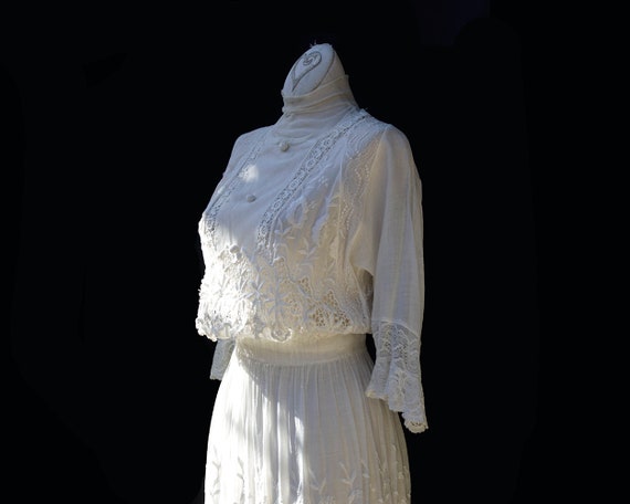 Edwardian White Cotton Dress / Embroidered Lace A… - image 5