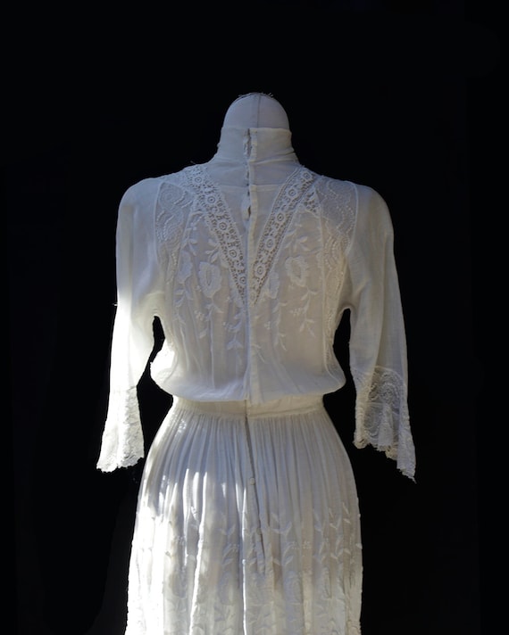 Edwardian White Cotton Dress / Embroidered Lace A… - image 7