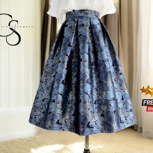 【OVERDUEFLAIR】JACQUARD SKIRT BELT_NAVY Pleated Blue Jacquard Skirt Women High Waist A-Line Midi