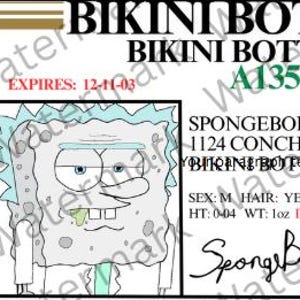 Może przedstawiać: Karta identyfikacyjna z wizerunkiem SpongeBoba Kanciastoportego. Karta zawiera napis "BIKINI BOTTOM" na górze, wraz z imieniem, adresem i innymi szczegółami postaci. Karta jest biała z czarnym i zielonym tekstem.