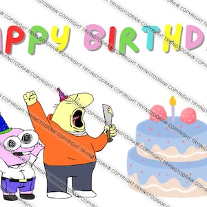 以下が含まれることがあります： 誕生日を祝う2人のキャラクターの漫画イラスト。1人のキャラクターは、大きな目と青いパーティーハットをかぶったピンクの生き物。もう1人のキャラクターは、赤いシャツとパーティーハットをかぶった黄色い人。彼らは、ピンクのフロスティングと1本の燃えているろうそくがついた青と白の誕生日ケーキの前に立っています。