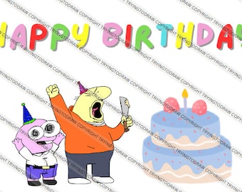 May include: A cartoon illustration of two characters celebrating a birthday. One character is a pink creature with large eyes and a blue party hat. The other character is a yellow person with a red shirt and a party hat. They are standing in front of a blue and white birthday cake with pink frosting and a single lit candle.