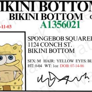 Może przedstawiać: Karta identyfikacyjna z postacią SpongeBoba Kanciastoportego. Karta zawiera tekst "BIKINI BOTTOM" na górze, z wizerunkiem postaci, adresem i danymi osobowymi. Karta ma 0-04 wysokości i waży 28 gramów.