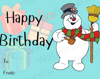 May include: A birthday-themed illustration featuring a snowman with a broom and a mallet, wearing a scarf and hat. The words "Happy Birthday" are displayed above gift boxes, with space for "To" and "From" on a light blue background.