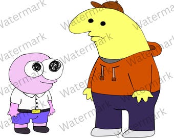 May include: A digital illustration featuring two cartoon characters. On the left, a small pink creature with large eyes wears a white collared shirt, purple shorts, and a black belt. On the right, a tall yellow creature wears a brown cap and orange hoodie.