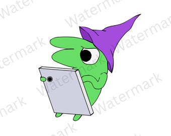 May include: A cartoon illustration of a green creature with a large eye and a pointed purple hat, holding a rectangular light gray tablet. The creature has a simple, rounded body shape and is depicted in a flat, two-dimensional graphic style.