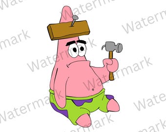 May include: A pink starfish character with a brown wooden board nailed to its head, holding a grey hammer in one hand. The character wears green shorts with purple flower patterns and has a neutral facial expression with thick black eyebrows.