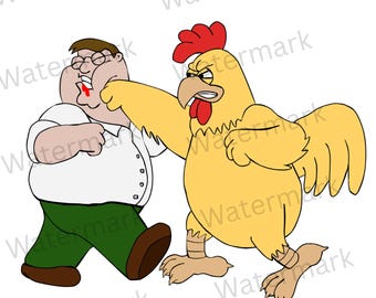 May include: A cartoon illustration featuring a man with brown hair and glasses wearing a white shirt and green pants, being punched in the face by a large yellow chicken with a red comb and wattle, resulting in a small red mark on the man's chin.