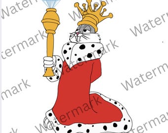 May include: A cartoon rabbit character wearing a gold crown and a red robe with a white and black spotted fur trim. The rabbit holds a gold scepter topped with a blue diamond-shaped gem. The illustration features bold black outlines.