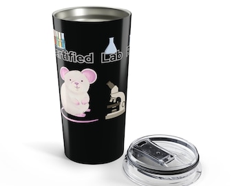 May include: A black stainless steel tumbler with a clear plastic lid. The tumbler features a graphic of a white mouse, a microscope, a laboratory flask, and test tubes, with the partial text "ertified Lab R" printed in white lettering.
