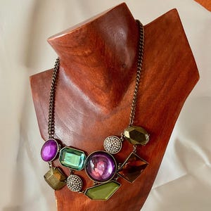Vintage &quot;Kenneth Jay Lane&quot; Jewel Tone Statement Necklace - Made in USA - 1970&#39;s