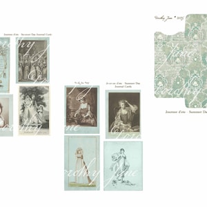 May include: A selection of vintage journal cards and an envelope. The cards display sepia-toned illustrations of women and scenes, with decorative borders and text. The envelope has a patterned design in shades of green and white.