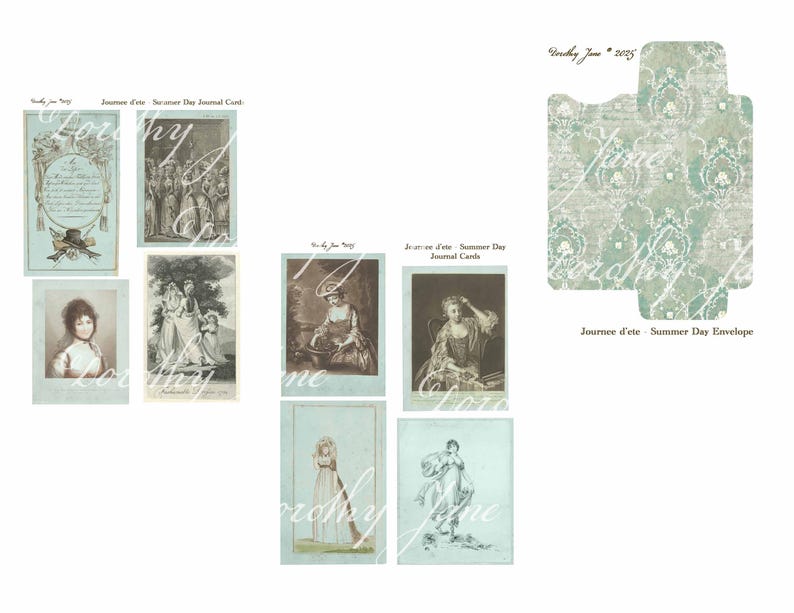 May include: A selection of vintage journal cards and an envelope. The cards display sepia-toned illustrations of women and scenes, with decorative borders and text. The envelope has a patterned design in shades of green and white.